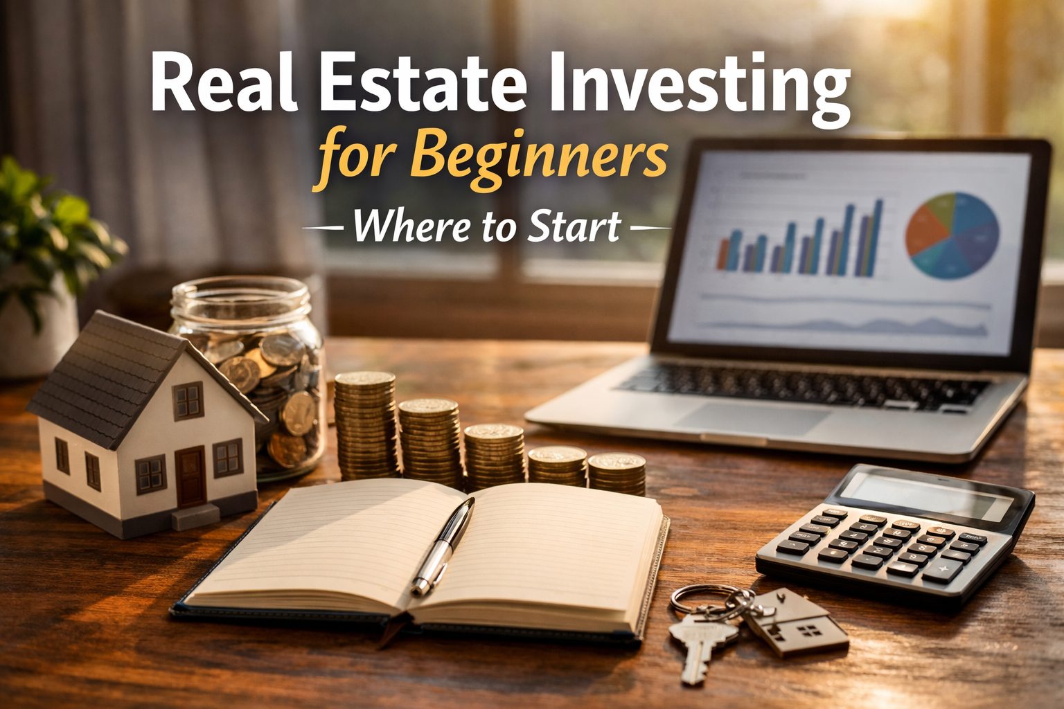 real estate investing for beginners guide with house model, calculator, coins, and laptop showing charts