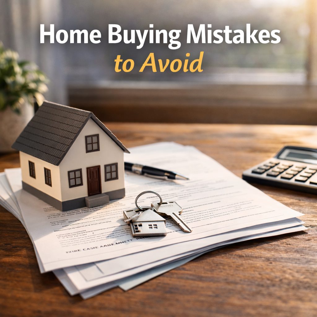 home buying mistakes guide with house model and paperwork