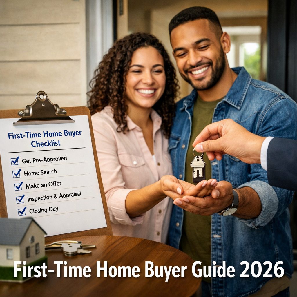 first time home buyer receiving keys from real estate agent with home buying checklist 2026